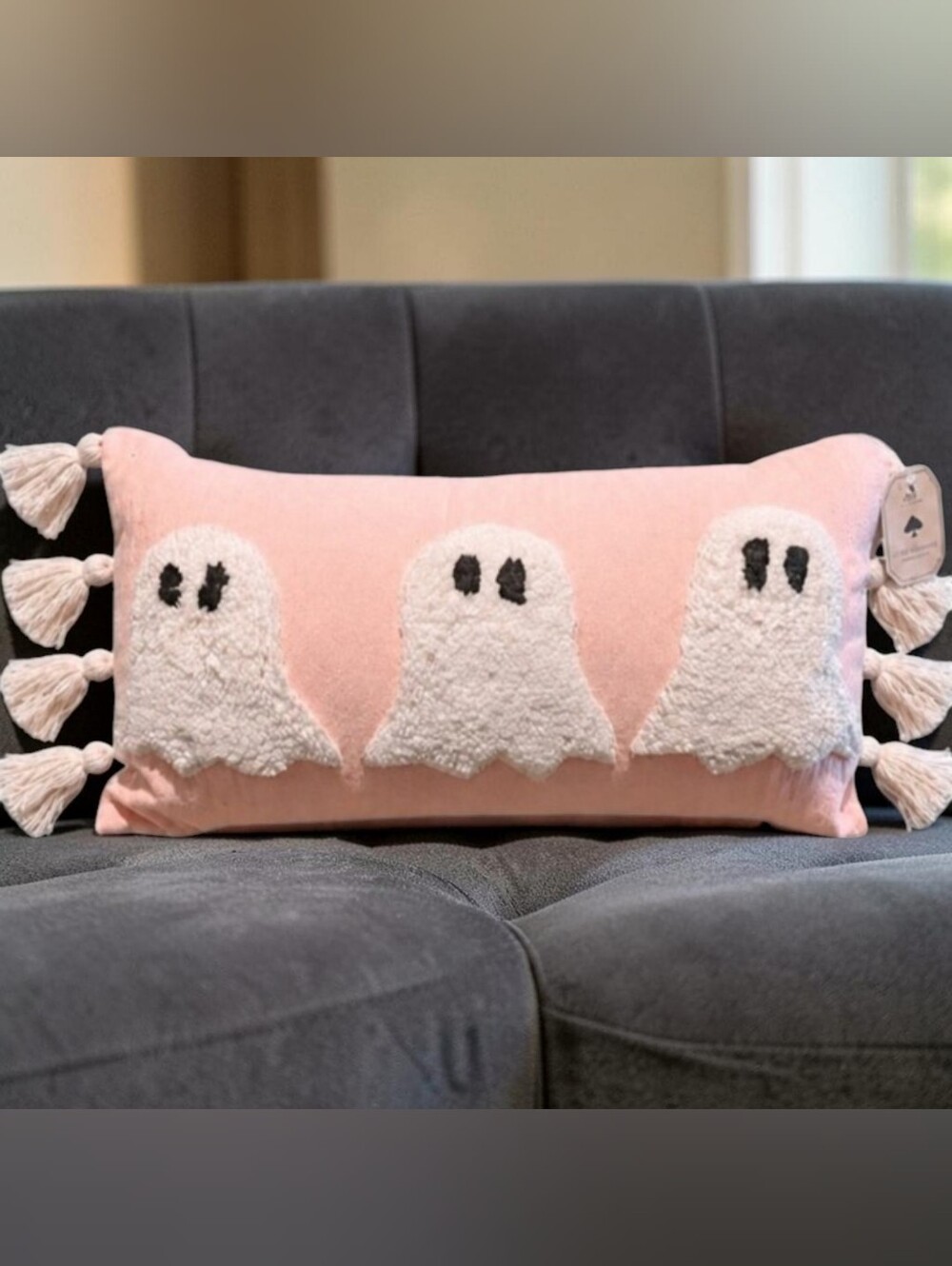 NEW Sweet Street Halloween Pink Ghost Lumbar Pillow with Tassels.